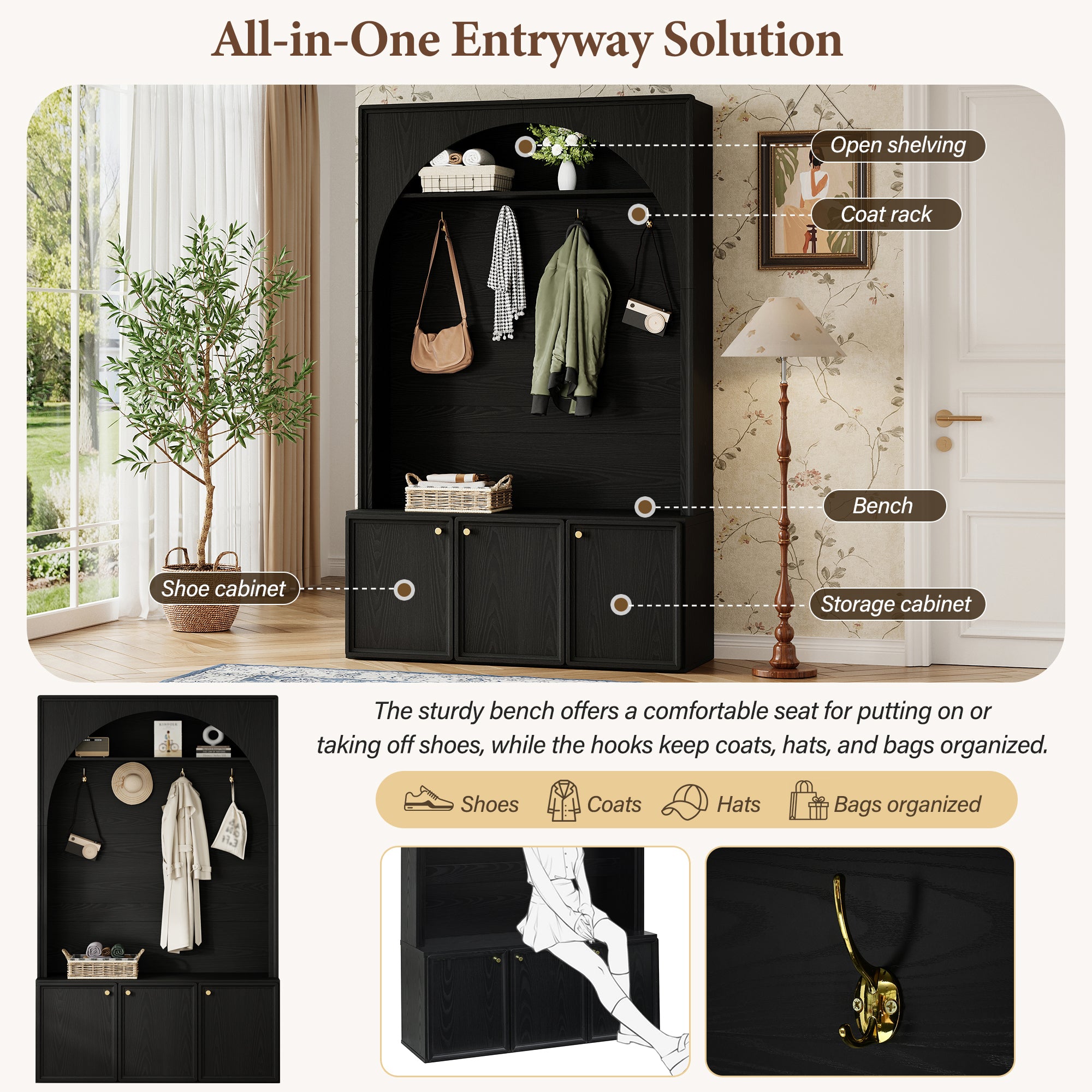 ON-TREND Farmhouse All-in-One Hall Tree with Adjustable Shelves, Retro Arched Entryway Storage Bench with 3 Cabinets, Wooden Coat Rack Organizer with 4 Golden Hooks for Mudroom, Hallway, Black - Grand Goldman Shop