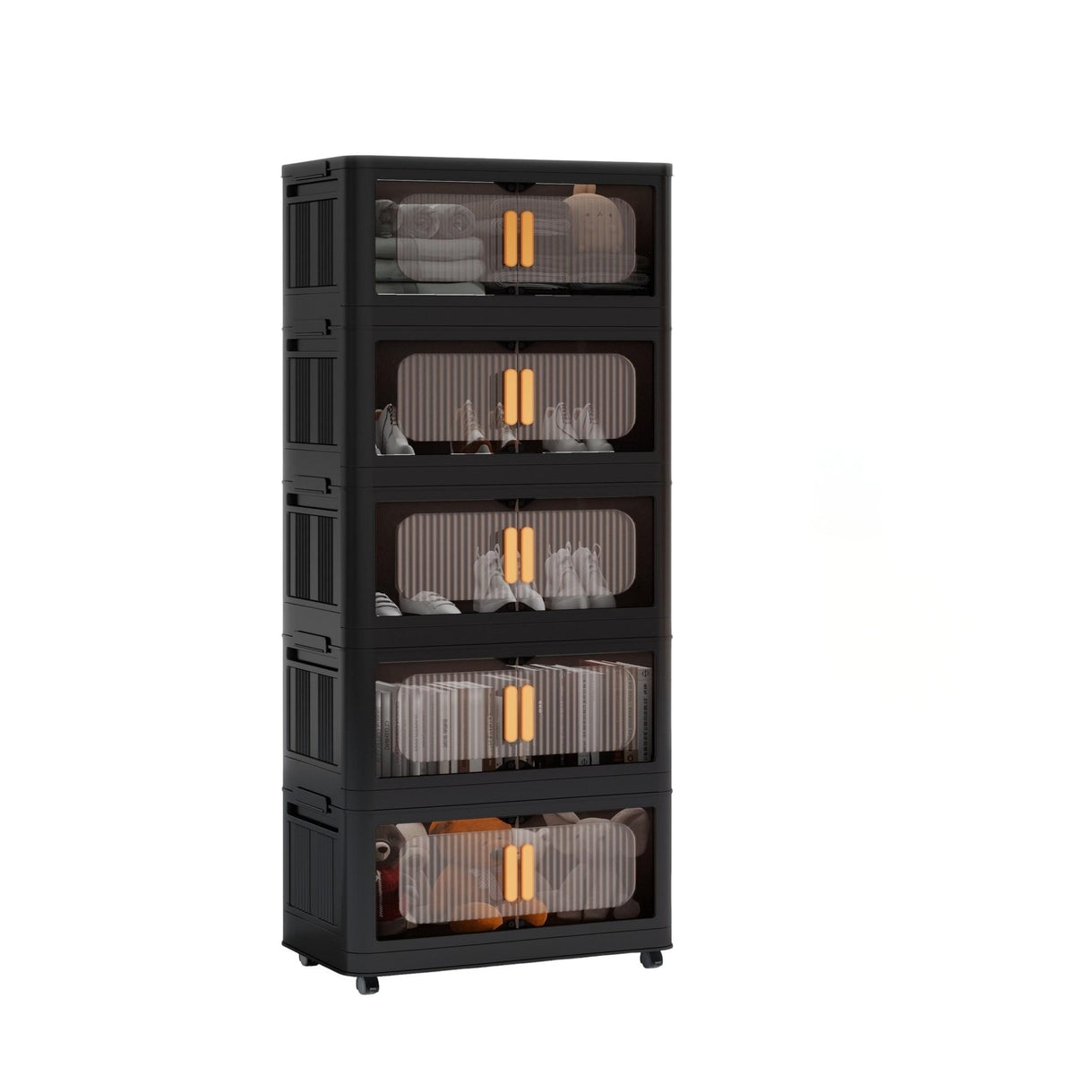 Folding Storage Cabinet 5-Tier 24-Inch Wide Black Plastic with Magnetic Doors and Wheels - Grand Goldman Shop