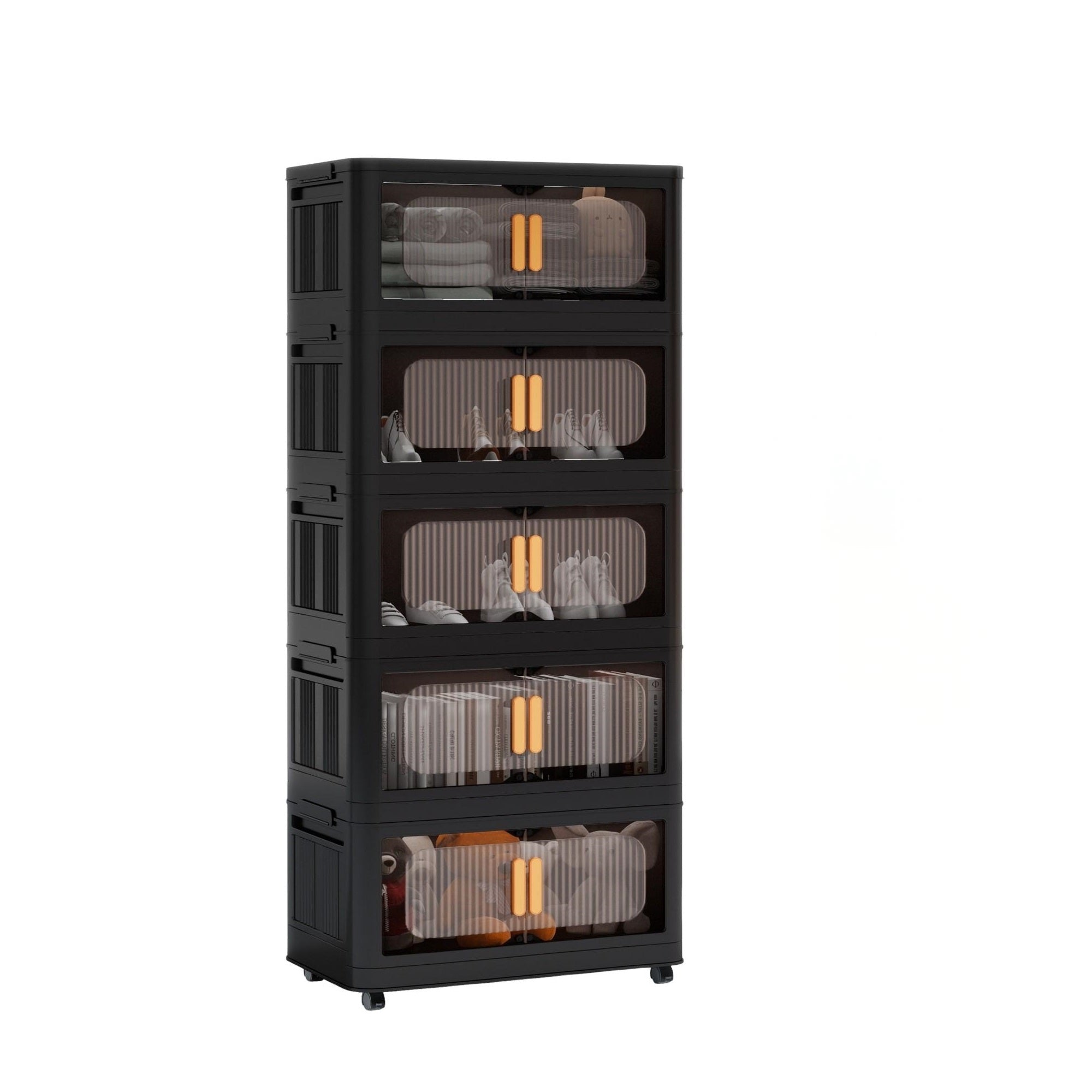Folding Storage Cabinet 5-Tier 24-Inch Wide Black Plastic with Magnetic Doors and Wheels - Grand Goldman Shop