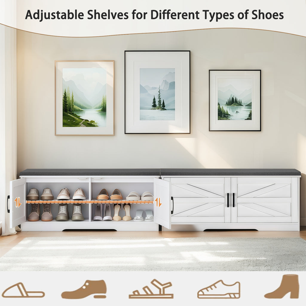 2 Tier Shoe Bench with Padded Seat, 2 Barn Doors and Adjustable Shelves, for Entryway and Living Room, White MDF - Grand Goldman Shop