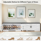 2 Tier Shoe Bench with Padded Seat, 2 Barn Doors and Adjustable Shelves, for Entryway and Living Room, White MDF - Grand Goldman Shop