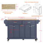 Kitchen Island with Rubber wood Countertop, Kitchen Cart on 5 Wheels with Storage Cabinet and 2 Top Drawers and A center double layered storage drawer for Dinning Room, Blue - Grand Goldman Shop