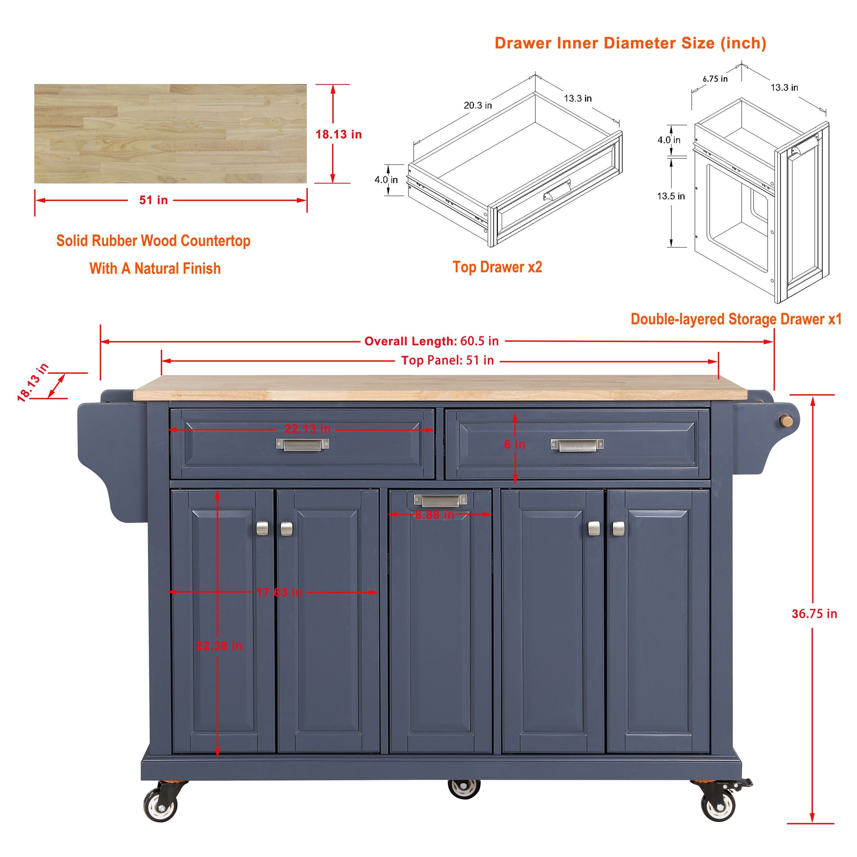 Kitchen Island with Rubber wood Countertop, Kitchen Cart on 5 Wheels with Storage Cabinet and 2 Top Drawers and A center double layered storage drawer for Dinning Room, Blue - Grand Goldman Shop