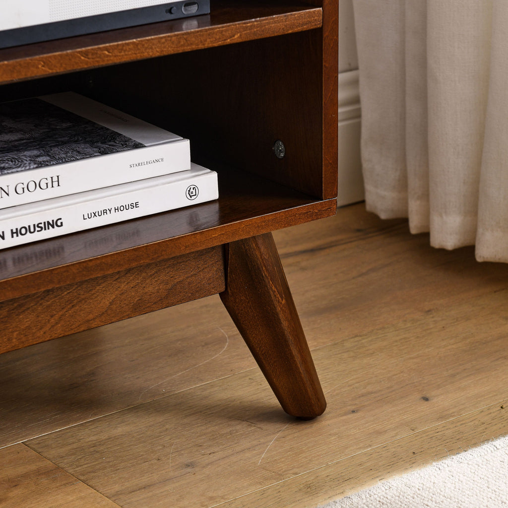 59 Inch Mid Century Modern Rattan TV Stand for 65 Inch TV, Entertainment Cabinet, Media Console for Living Room Media Room, Solid Wood Feet & Rattan Cabinet Doors - Dark Wood - Grand Goldman Shop