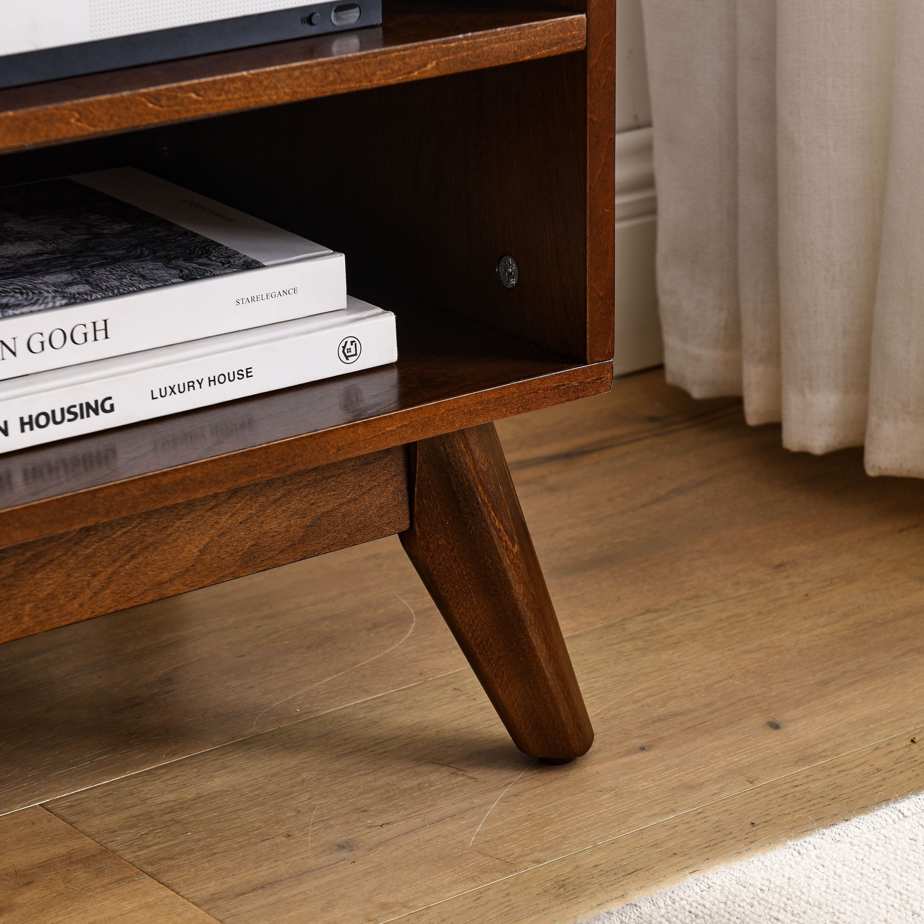 59 Inch Mid Century Modern Rattan TV Stand for 65 Inch TV, Entertainment Cabinet, Media Console for Living Room Media Room, Solid Wood Feet & Rattan Cabinet Doors - Dark Wood - Grand Goldman Shop