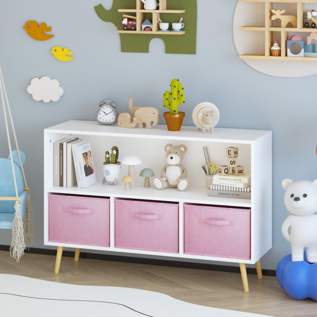 Modern Kids Bookcase with Collapsible Fabric Drawers, Children's Book Display & Toy Storage, White/Pink MDF & Pine Legs - Gra