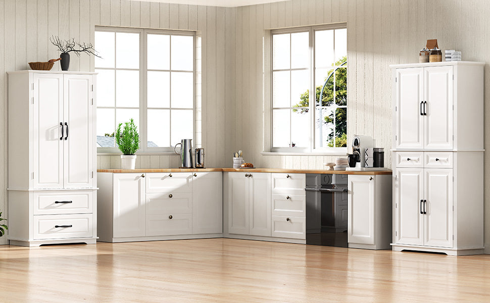 K&K 71' Tall Kitchen Pantry Cabinet with 3 Pull Out Cabinet Organizers, Farmhouse Embossed Texture Storage Cabinet with 6 Door Shelves, 2 Drawers, Freestanding Cupboard for Kitchen, Dining Room White - Grand Goldman Shop