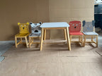 Kids Wood Table and Chair Set with Cartoon Animals Design, White Solid Wood & MDF Furniture for Ages 3-8, 5-Piece Table and C