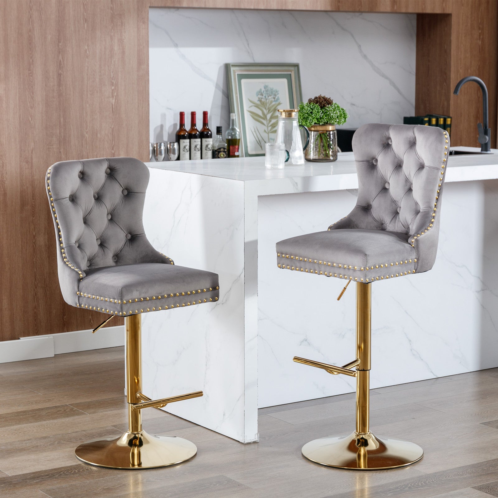 A&A Furniture Modern Upholstered Velvet Bar Stools with Adjustable Swivel Seat Height in Gray, Set of 2 - Grand Goldman Shop