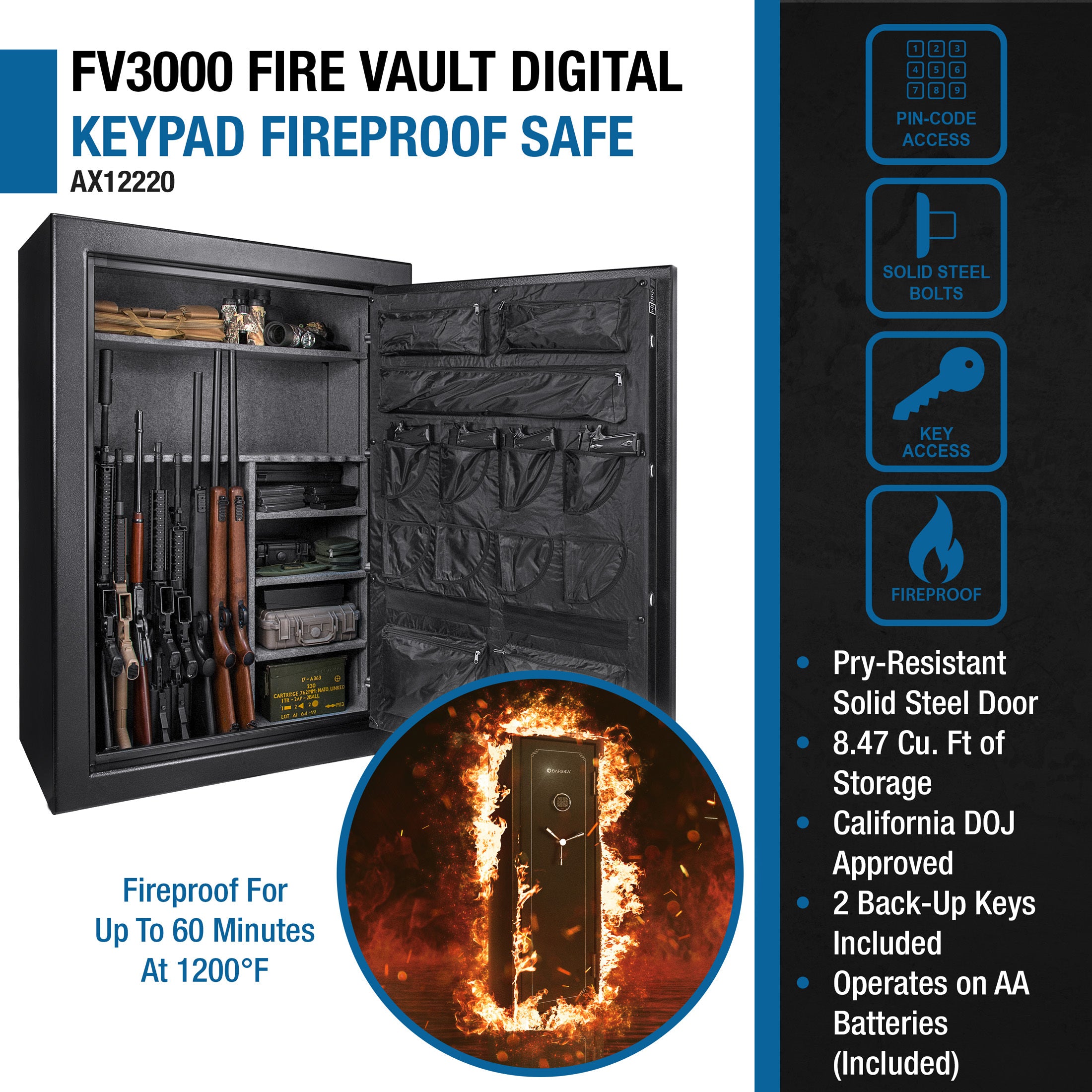 SecureGuard Tall Fireproof Safe Vault with Advanced Locking, Black Steel, 19.97 Cubic Ft - Grand Goldman