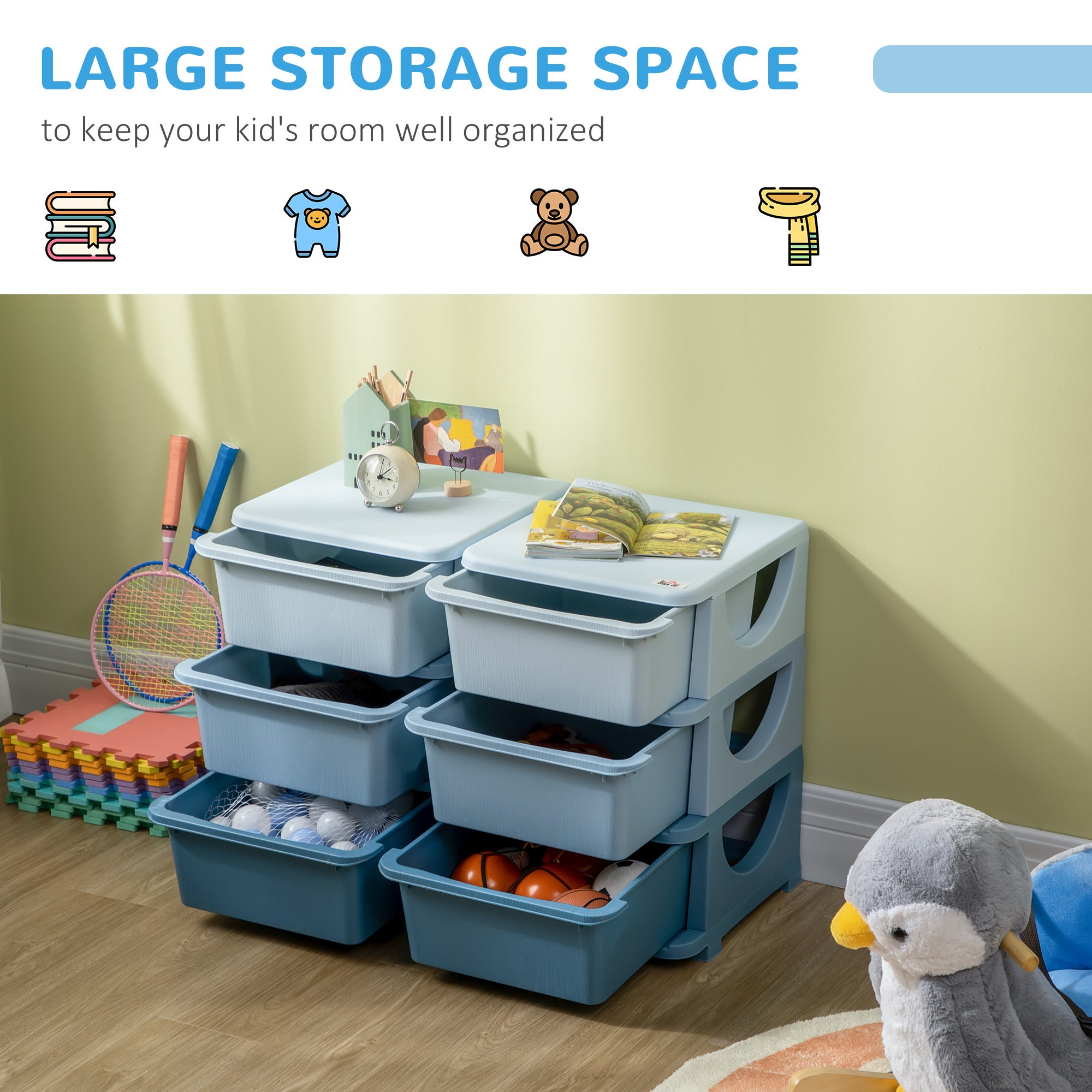 Qaba 3 Tier Kids Storage Unit, 6 Drawer Chest Toy Organizer Plastic Bins for Kids Bedroom Nursery Kindergarten Living Room fo