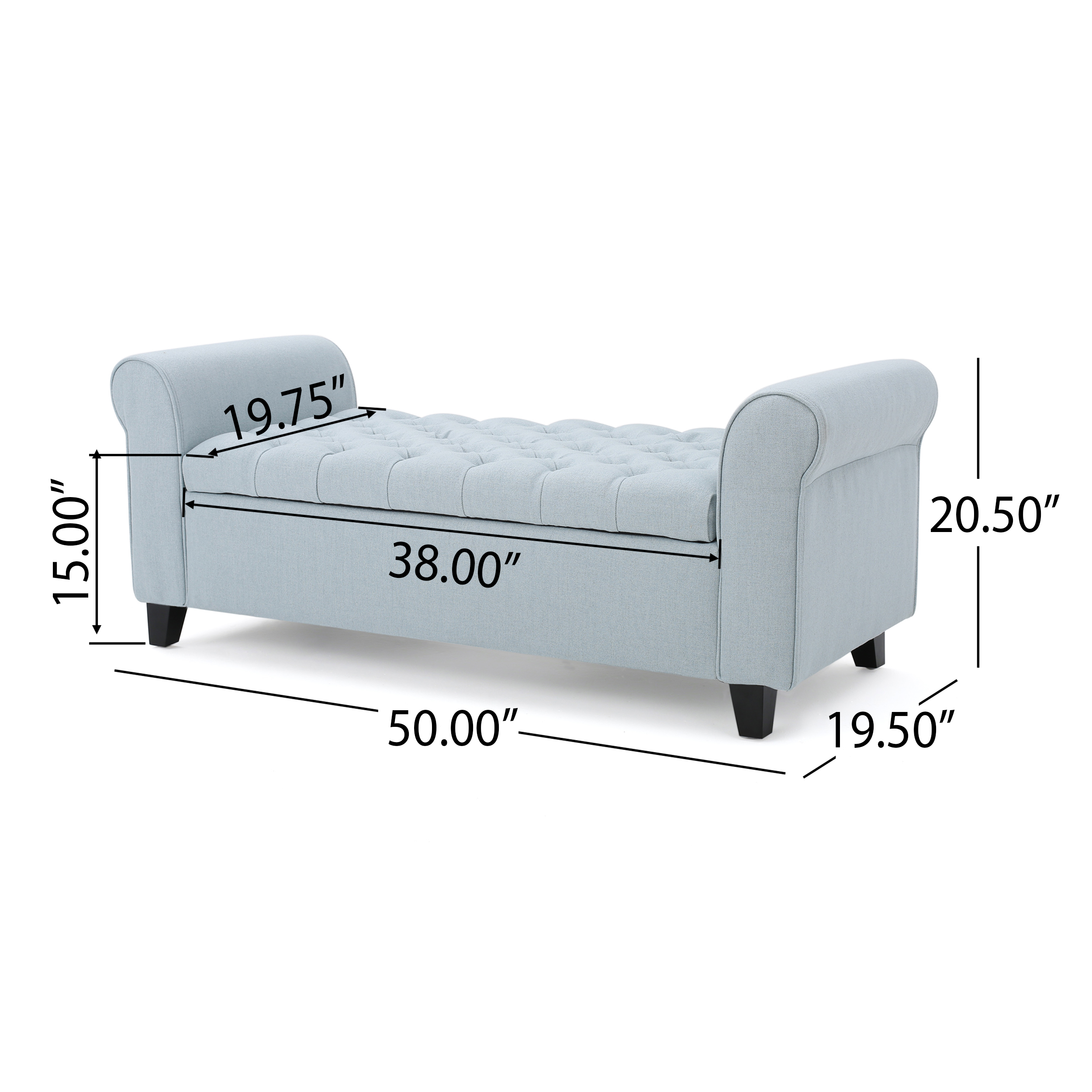 Contemporary Storage Ottoman with Rolled Arms and Button Tufting in Wheat Fabric, 50-inch - Grand Goldman Shop