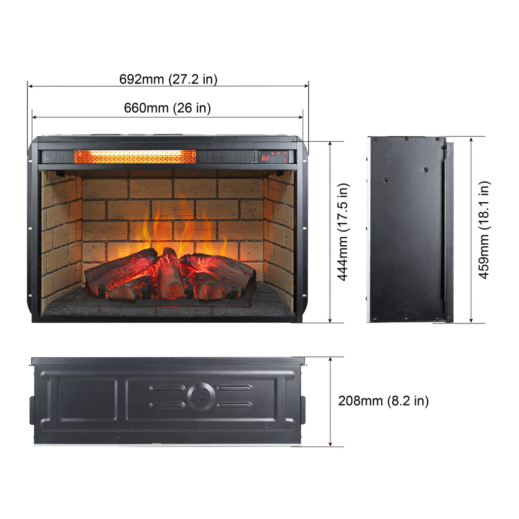 26 Inch Infrared Quartz Heater Fireplace Insert - Woodlog Version with Brick Background, Antique Black, Tempered Glass and Sheet Metal - Grand Goldman Shop