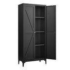 Black Metal Adjustable 2-Door Kitchen Pantry Cabinet with Striped Design and Gold Handles, Tall Steel Storage Locker for Kitc