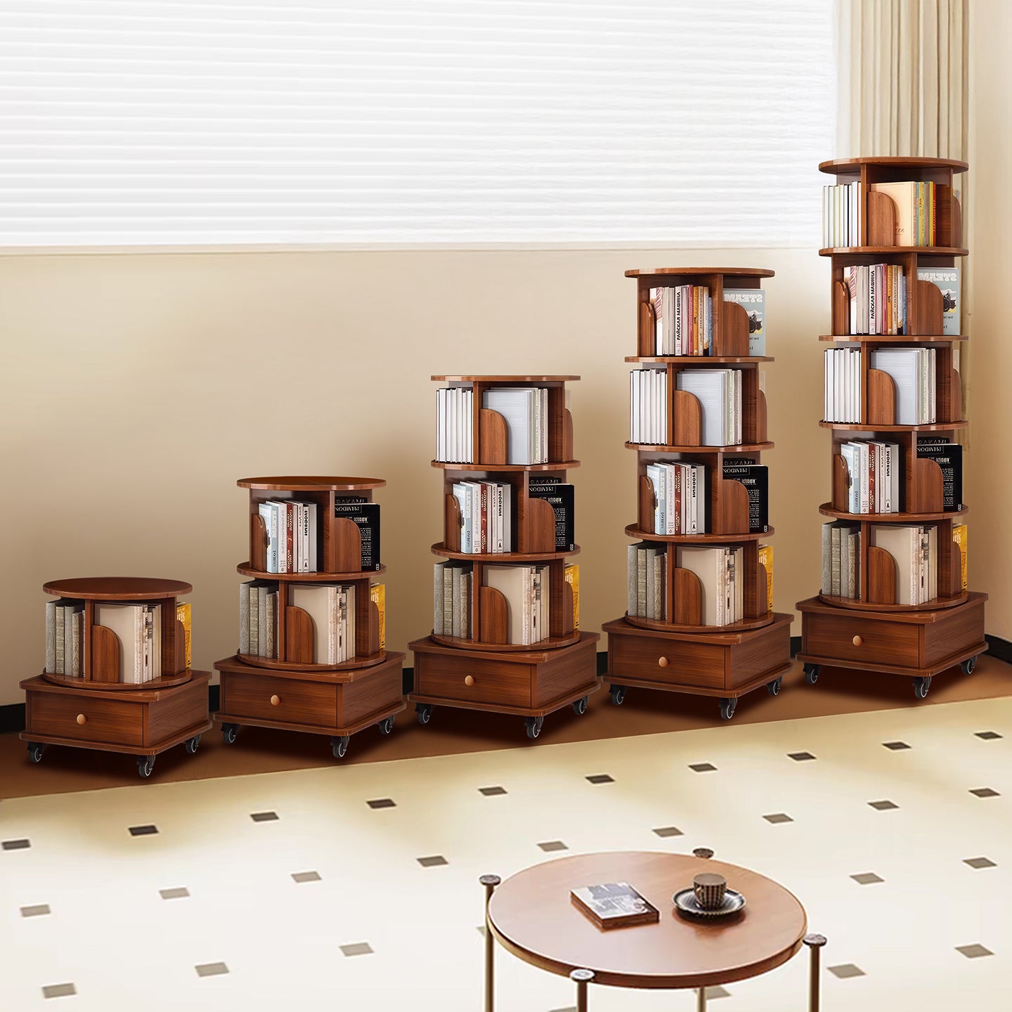 (UPGRADED) Rotating Bookshelf, 360 Display Corner Bookshelf for Small Space, 6 Tier Bookcase Storage Rack with Wheels, Wood Narrow Organizer for Bedroom, Living Room, Study Room, Walnut Brown - Grand Goldman Shop