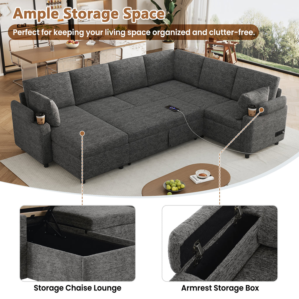 Versatile U-Shaped Sectional Sofa Bed with Storage, Cup Holders, Charging Ports in Grey Chenille - Grand Goldman Shop