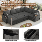 Versatile U-Shaped Sectional Sofa Bed with Storage, Cup Holders, Charging Ports in Grey Chenille - Grand Goldman Shop