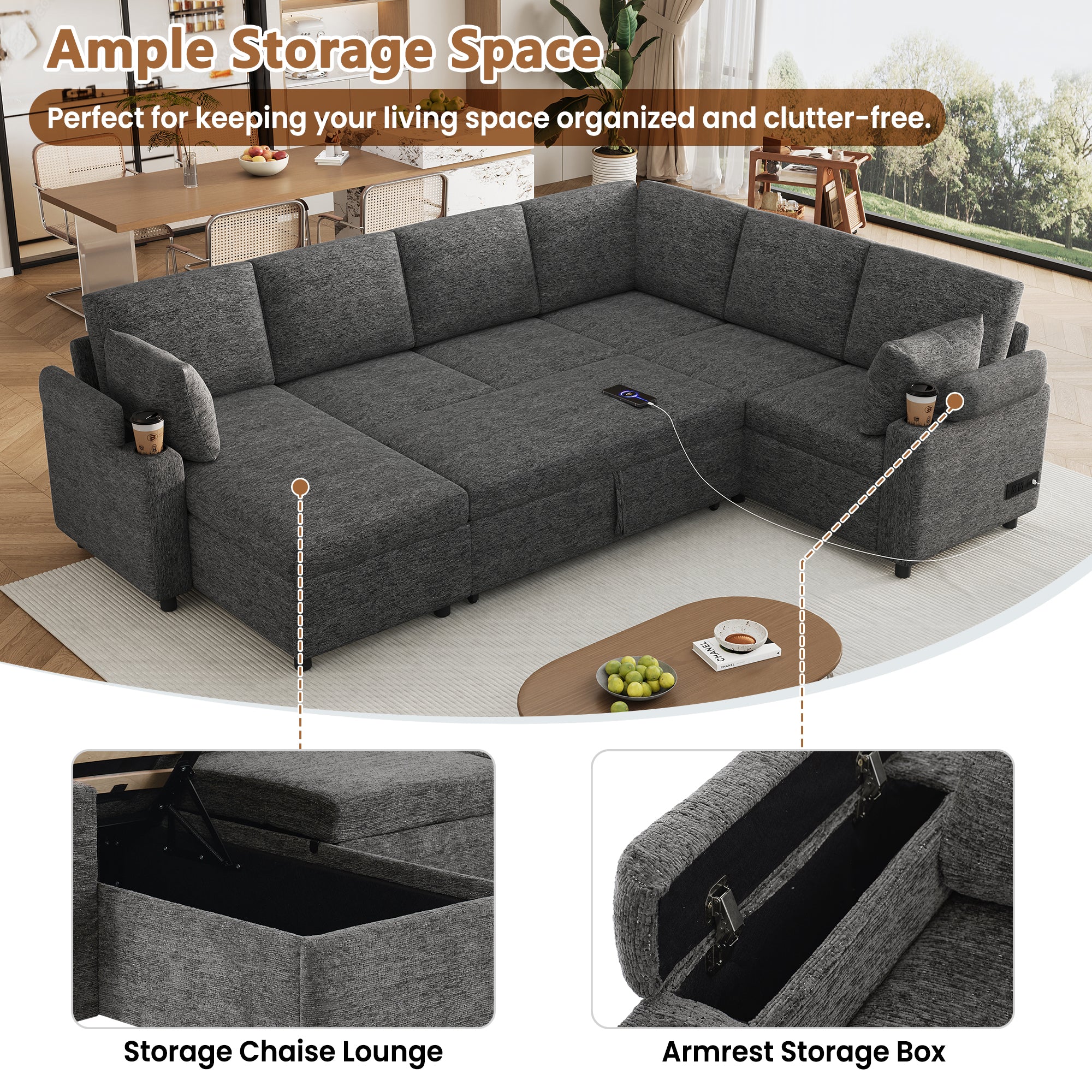 Versatile U-Shaped Sectional Sofa Bed with Storage, Cup Holders, Charging Ports in Grey Chenille - Grand Goldman Shop