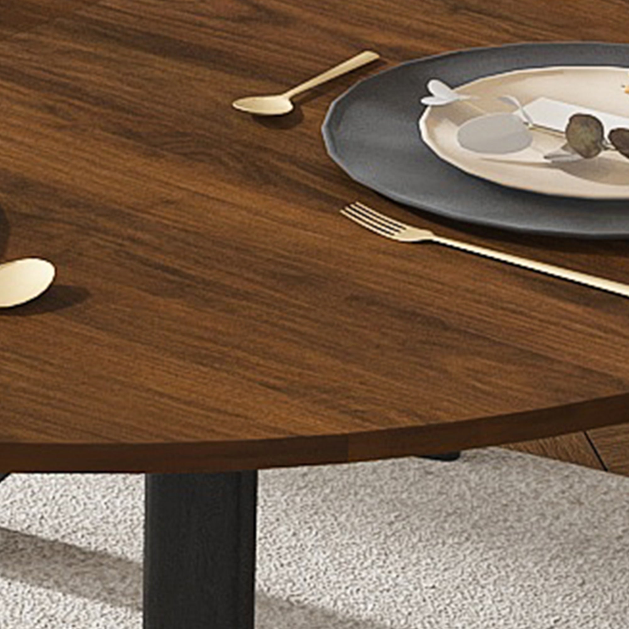 Modern Solid Wood Veneer Retractable Dining Table, Round Extendable 6-Person Table, Walnut MDF with Carbon Steel Base, 42-58 Inches - Grand Goldman Shop