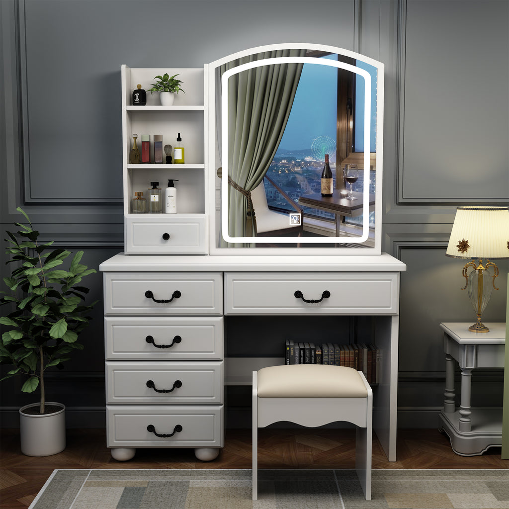 Fashion Vanity Desk with Mirror and Adjustable Lighting in White MDF, 6 Drawers, 3 Color Light Modes - Grand Goldman Shop