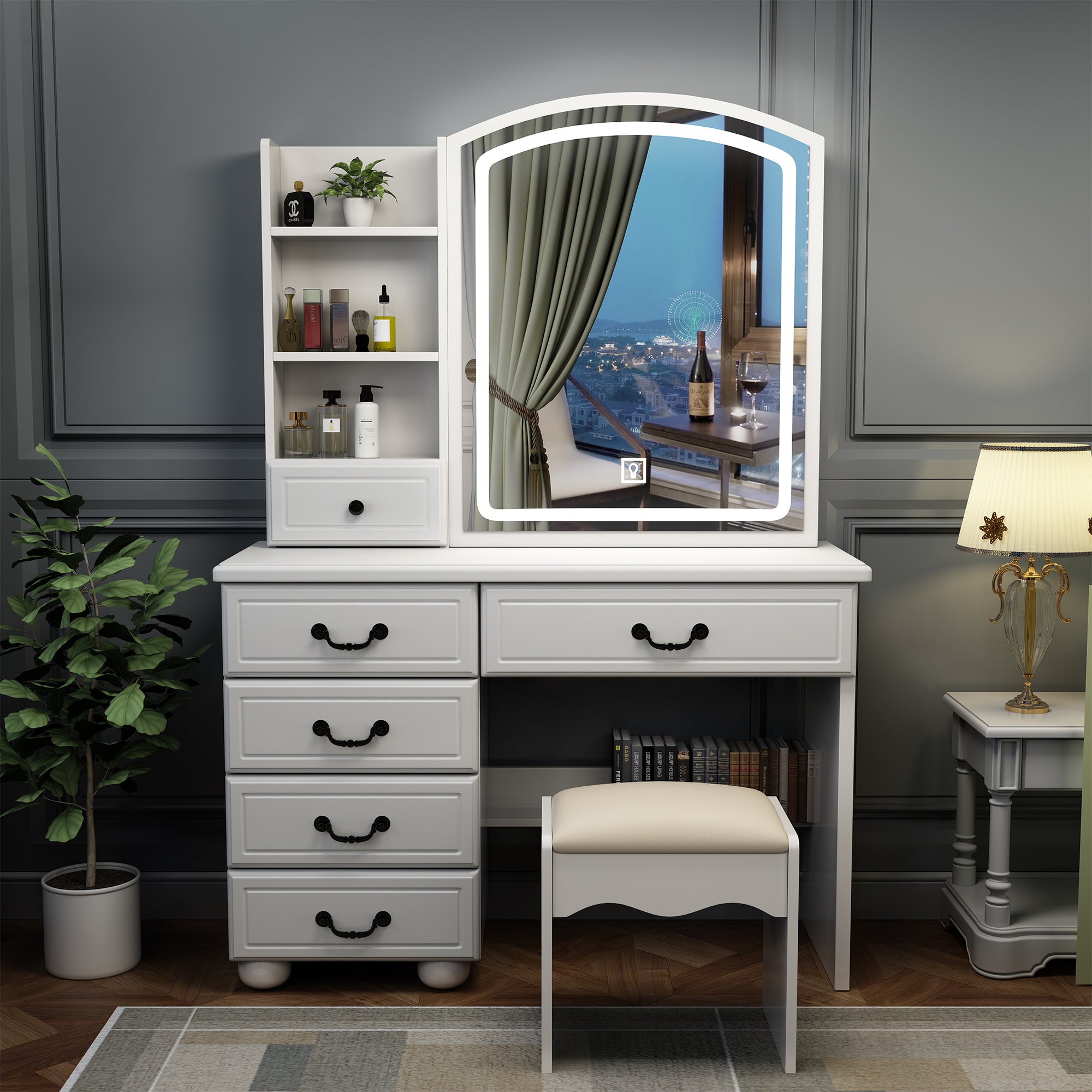 Fashion Vanity Desk with Mirror and Adjustable Lighting in White MDF, 6 Drawers, 3 Color Light Modes - Grand Goldman Shop