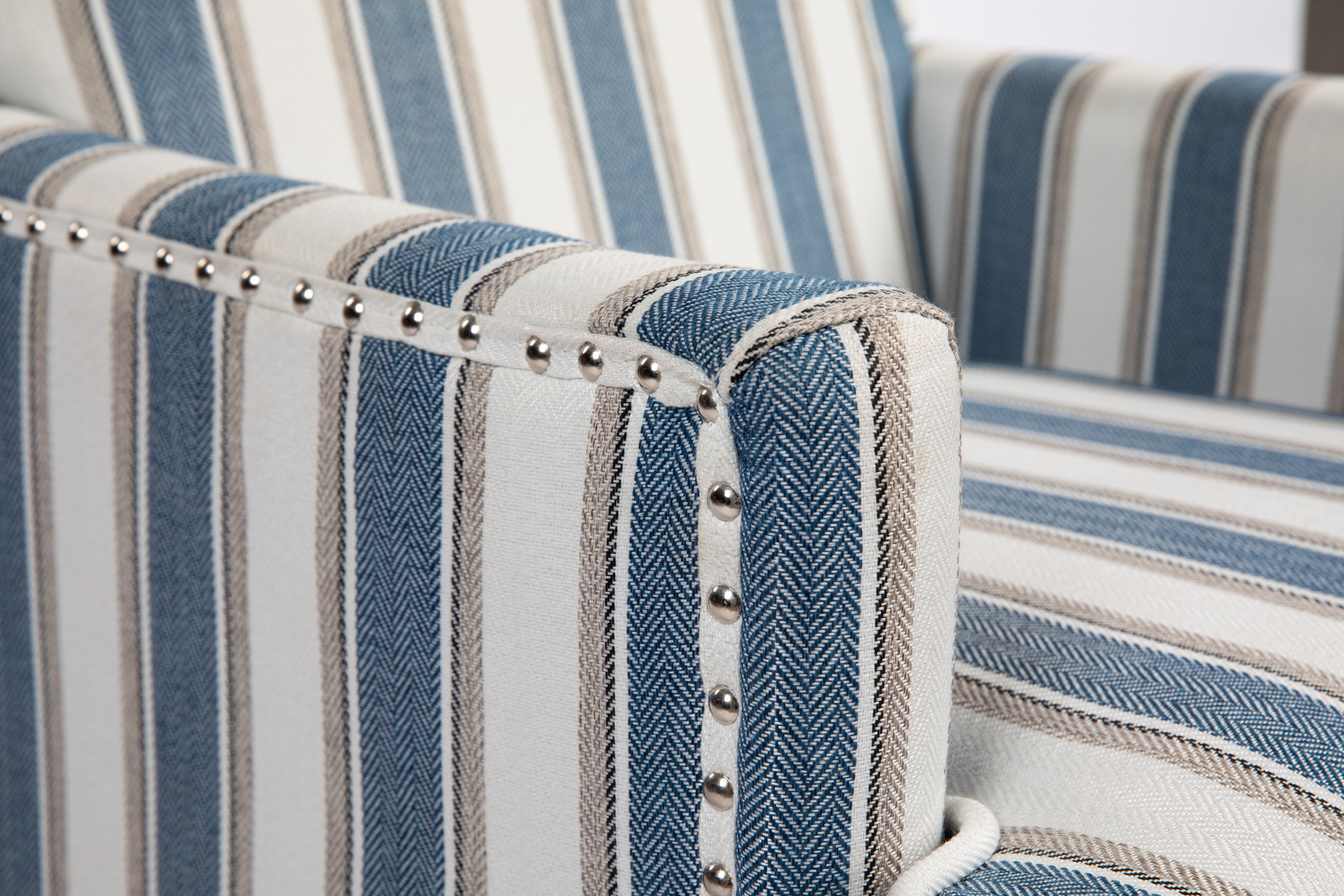 Upholstered Accent Chair, Vintage Armchair with Blue and White Striped Linen Fabric and Nailhead Trim for Living Room - Grand Goldman Shop