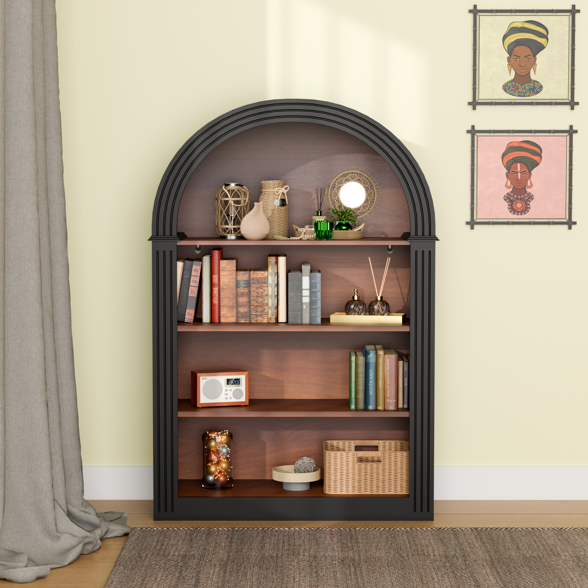 Bookcase, 4-Shelf Tall Bookshelf, 45.66' Wood Open Display Floor Arched Bookcase, Large Storage Organizer for Library, Bedroom, and Living Room (Black) - Grand Goldman Shop