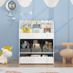 Kids Bookshelf with Storage Bins and Drawer, Multi-Functional Wooden Book Organizer for Toddlers, White Bookcase for Toys, Bo