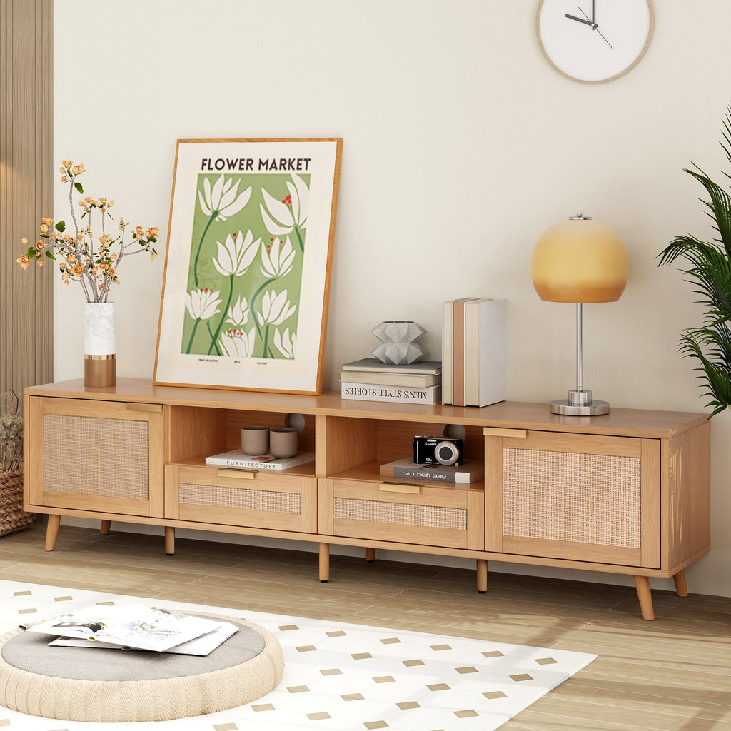 Modern Farmhouse Rattan TV Stand for TVs up to 85'', Solid Wood Legs, Media Console with MDF Board, Living Room Entertainment Center in Wood Finish - Grand Goldman Shop