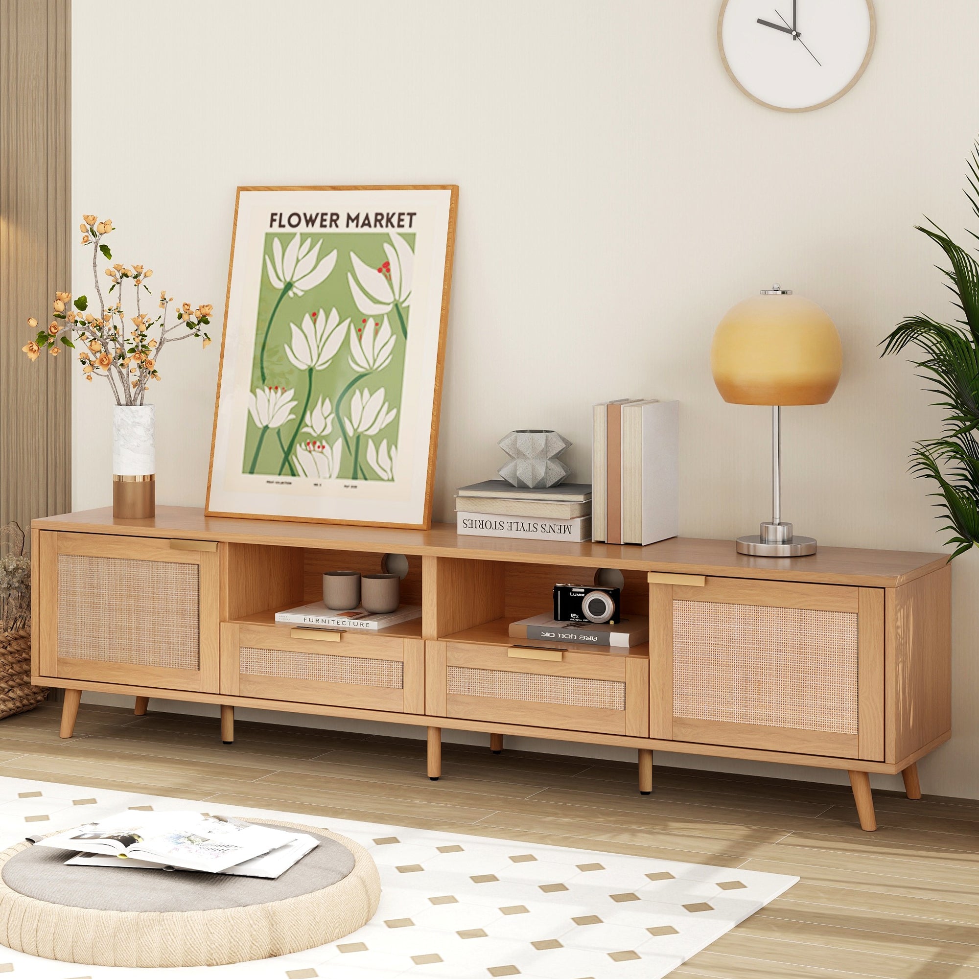 Modern Farmhouse Rattan TV Stand for TVs up to 85'', Solid Wood Legs, Media Console with MDF Board, Living Room Entertainment Center in Wood Finish - Grand Goldman Shop