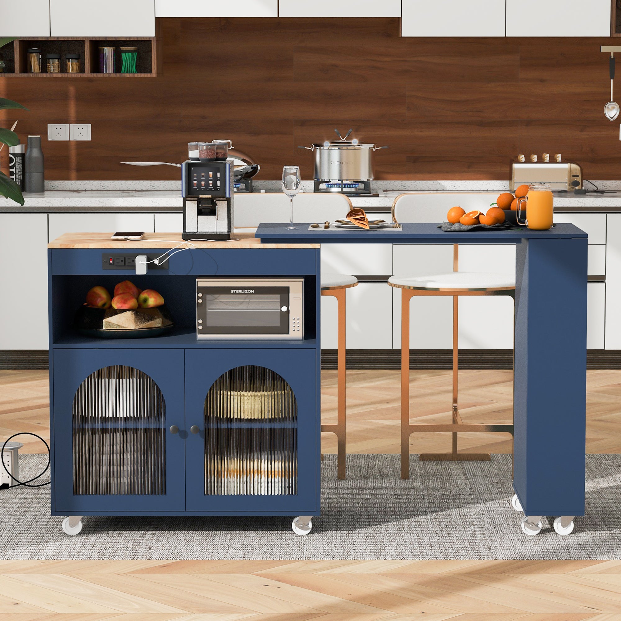K&K Rolling Kitchen Island With Extended Table, Kitchen Island on Wheels with LED Lights,Power Outlets and 2 Fluted Glass Doors, Kitchen Island with a Storage Compartment and Side 3 Open Shelves, Navy - Grand Goldman Shop