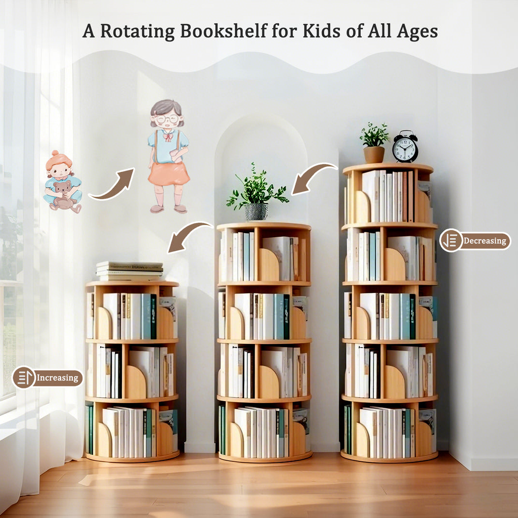 5 Tier Rotating Bookshelf, 360° Display Round Spinning Bookshelf, Space-Saving, Small Space Rotating Bookshelf Tower for Bedroom, Living Room, Home, Office, Wood Color - Grand Goldman Shop