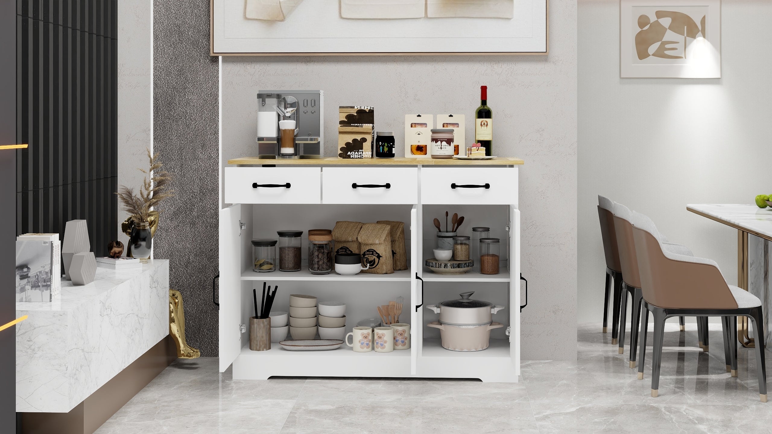 Farmhouse Buffet Cabinet Storage Sideboard with 3 Drawers and 3 Doors for Dining Living Room Kitchen Cupboard-White - Grand Goldman Shop