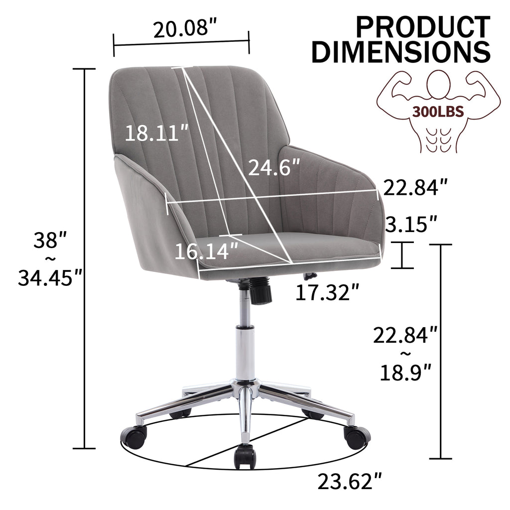 TY Adjustable Office Chair, Ergonomic Swivel Chair with Comfortable Backrest Seat, Gray Velvet, 24.60 x 22.84 x 38.00 inches 