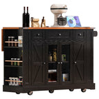 K&K 53'' Farmhouse Kitchen Island with Two Tempered Glass Cabinet Doors, Power Outlet, Rolling Kitchen Cart on Wheels with Drop Leaf, 5 Open Side Racks, 3 Drawers, for Kitchen, Dining Room, Black - Grand Goldman Shop