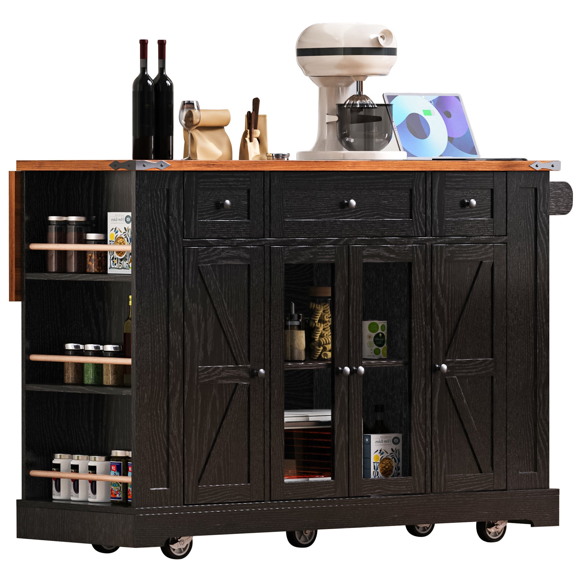 K&K 53'' Farmhouse Kitchen Island with Two Tempered Glass Cabinet Doors, Power Outlet, Rolling Kitchen Cart on Wheels with Drop Leaf, 5 Open Side Racks, 3 Drawers, for Kitchen, Dining Room, Black - Grand Goldman Shop