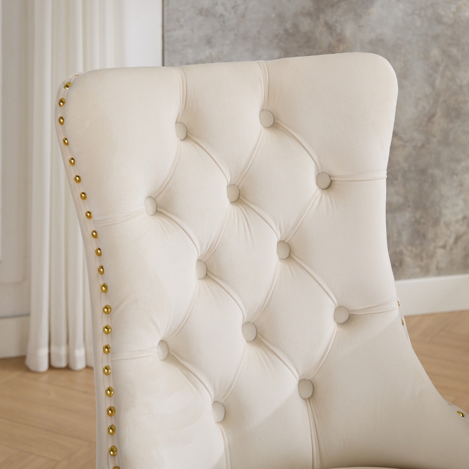 A&A Furniture, Nikki Collection Modern, High-end Tufted Solid Wood Contemporary Velvet Upholstered Dining Chair with golden Wood Legs Nailhead Trim 2-Pcs Set, Milky White,SW1401MW - Grand Goldman Shop
