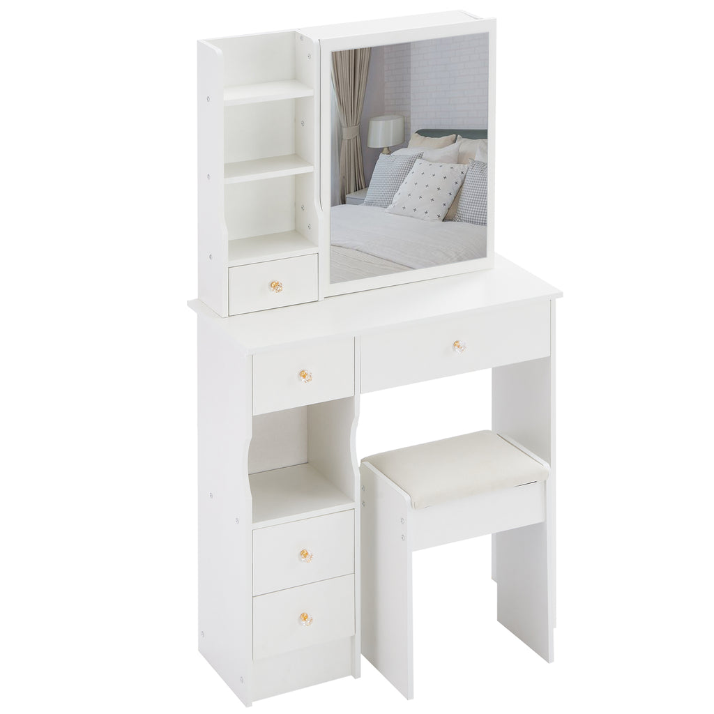 29.2' Small Space Left Drawer Desktop Vanity Table + Cushioned Stool, Extra Large Right sliding mirror, Multi Layer High Capacity Storage, Practical Fashionable Dresser, Suitable For Small Space - Grand Goldman Shop