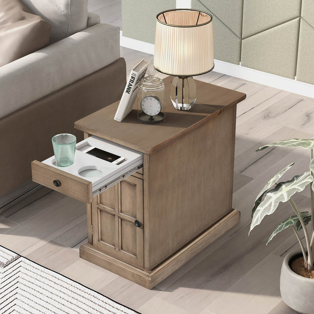 U-Can Classic Vintage Livingroom End Table Side Table with USB Ports and One Multifunctional Drawer with cup holders, Antique Brown (Old SKU: WF296294AAD) - Grand Goldman Shop