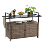 Outdoor Wicker Bar Cart, Patio Wine Serving Cart w/Wheels , Rolling Rattan Beverage Bar Counter Table w/Glass Top for Porch Backyard Garden Poolside Party, Light brown - Grand Goldman Shop