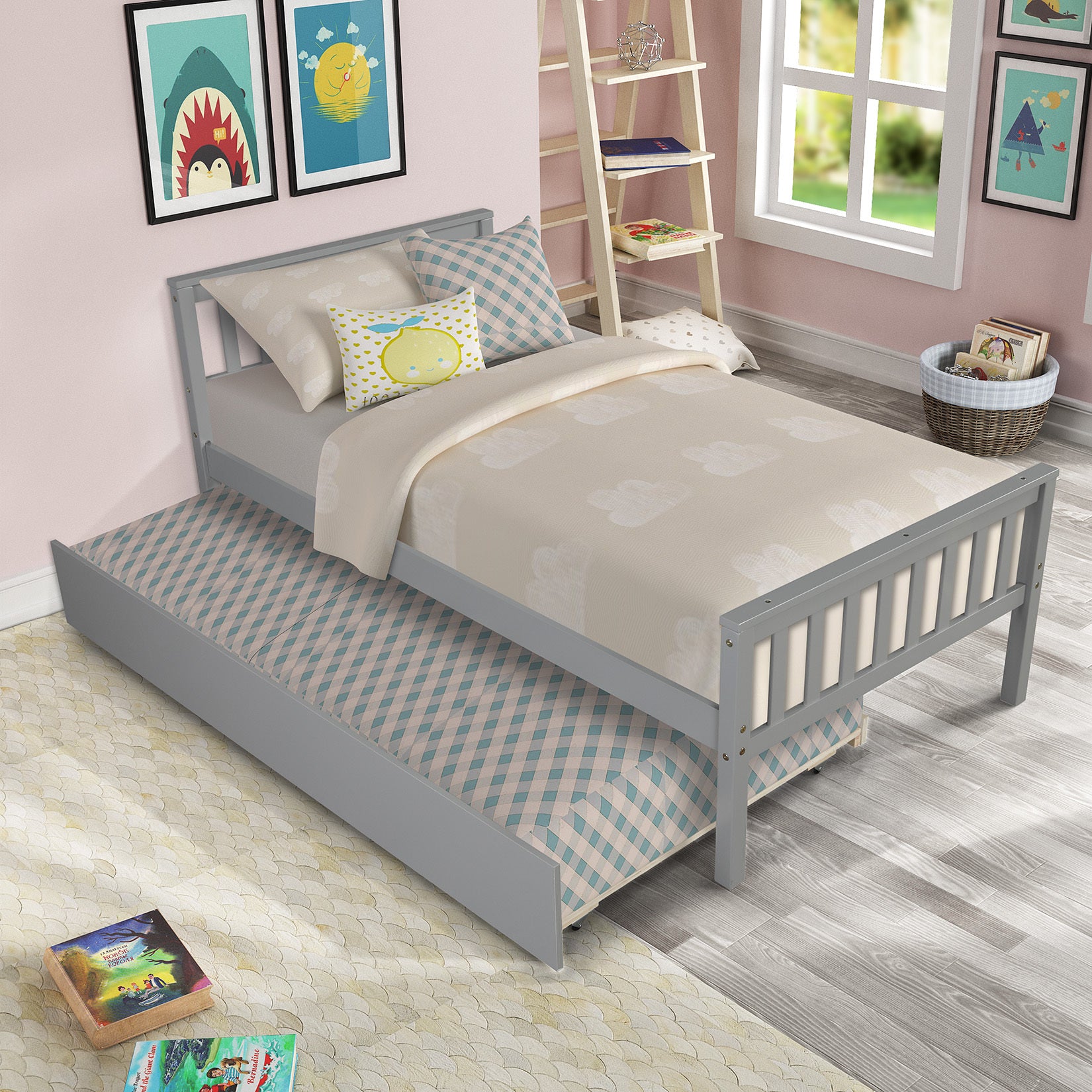 Twin Bed with Trundle, Platform Bed Frame with Headboard and Footboard, for Bedroom Small Living Space,No Box Spring Needed,Grey - Grand Goldman Shop