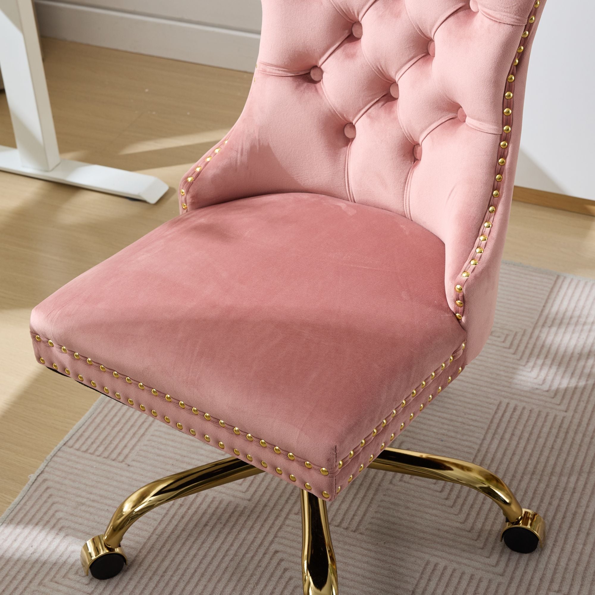 A&A Furniture Office Chair,Modern Velvet Upholstered Tufted Button Home Office Chair with Golden Metal Base,Adjustable Desk C