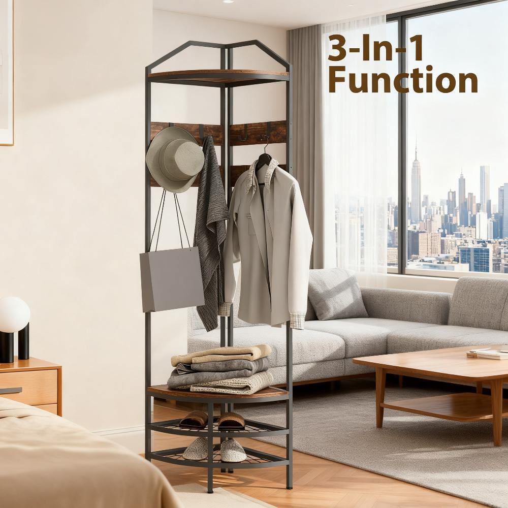 Coat Rack Corner Hall Tree, Industrial 4-Tier Coat Rack with Shoe Storage, 8 Movable Hooks and 2 Shelves - Grand Goldman Shop