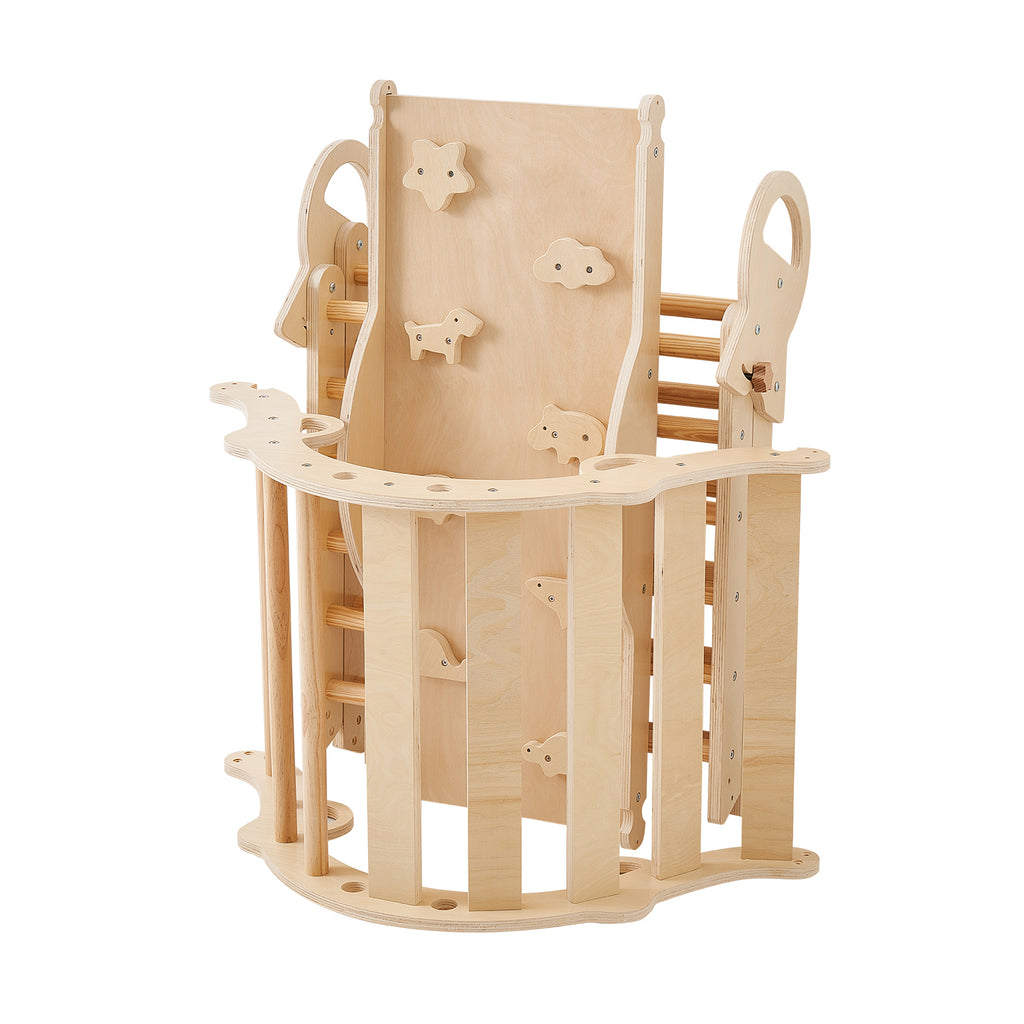Pikler Triangle Set, 9-in-1 Toddler Climbing Toys Indoor, with 2 Wooden Cars, Cushion, Triangle, Arch, and Ramp, 150 lbs Load