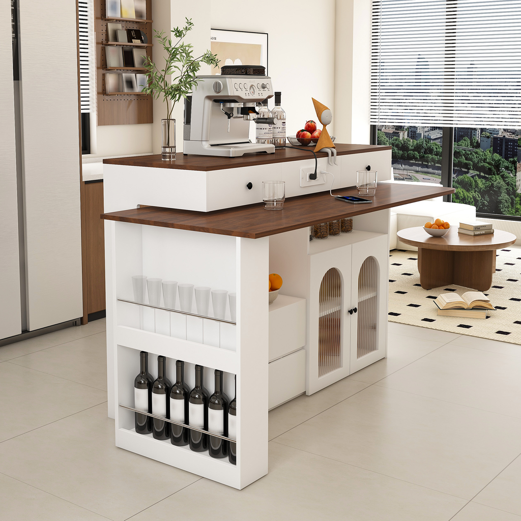Kitchen Island with Extendable & Rotating Table, MDF with Walnut Veneer Retro Design, 4 Drawers & Glass Door Cabinets with Built-in Socket, Expandable Dining Station for 2-4 Person - Grand Goldman Shop