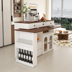 Kitchen Island with Extendable & Rotating Table, MDF with Walnut Veneer Retro Design, 4 Drawers & Glass Door Cabinets with Built-in Socket, Expandable Dining Station for 2-4 Person - Grand Goldman Shop