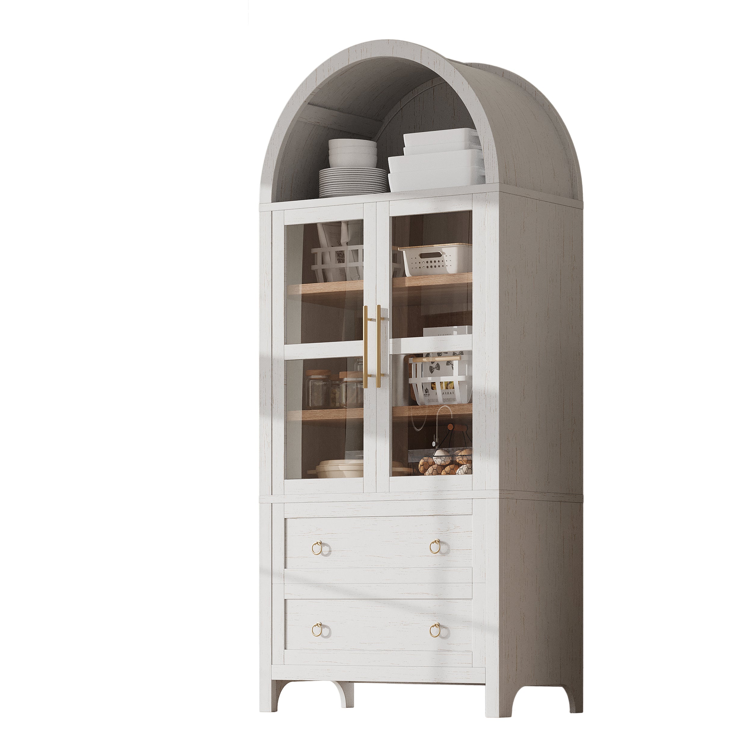 K&K 71' Tall Arched Kitchen Pantry Cabinet with 2 Large Drawers, Modern Farmhouse Kitchen Storage Cabinets with Adjustable Shelves, Glass Door, Wood Versatile Cupboard for Kitchens, Dining Room, White - Grand Goldman Shop