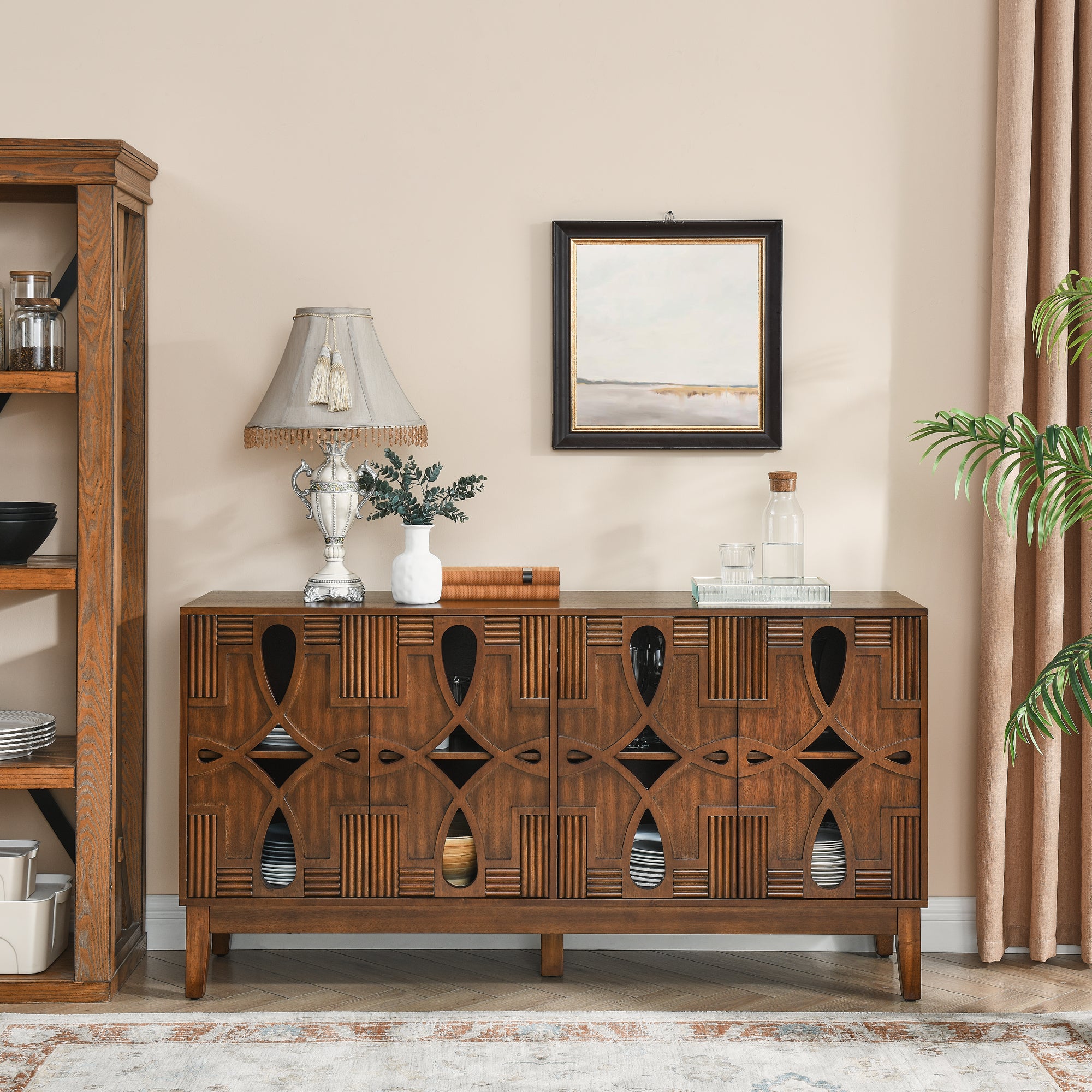 60.5' Mid Century Modern Sideboard Buffet Cabinet with Storage, TV Media Console Table, Storage Cabinet with 4 Doors & Adjustable Shelves for Kitchen Dining Living Room Entryway, Walnut - Grand Goldman Shop