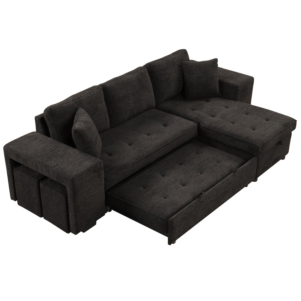 Modern L-Shape 3 Seat Reversible Sectional Couch with Pull Out Sleeper Sofa, Storage Chaise, 2 Stools, Charcoal Grey, Linen Chenille - Grand Goldman Shop