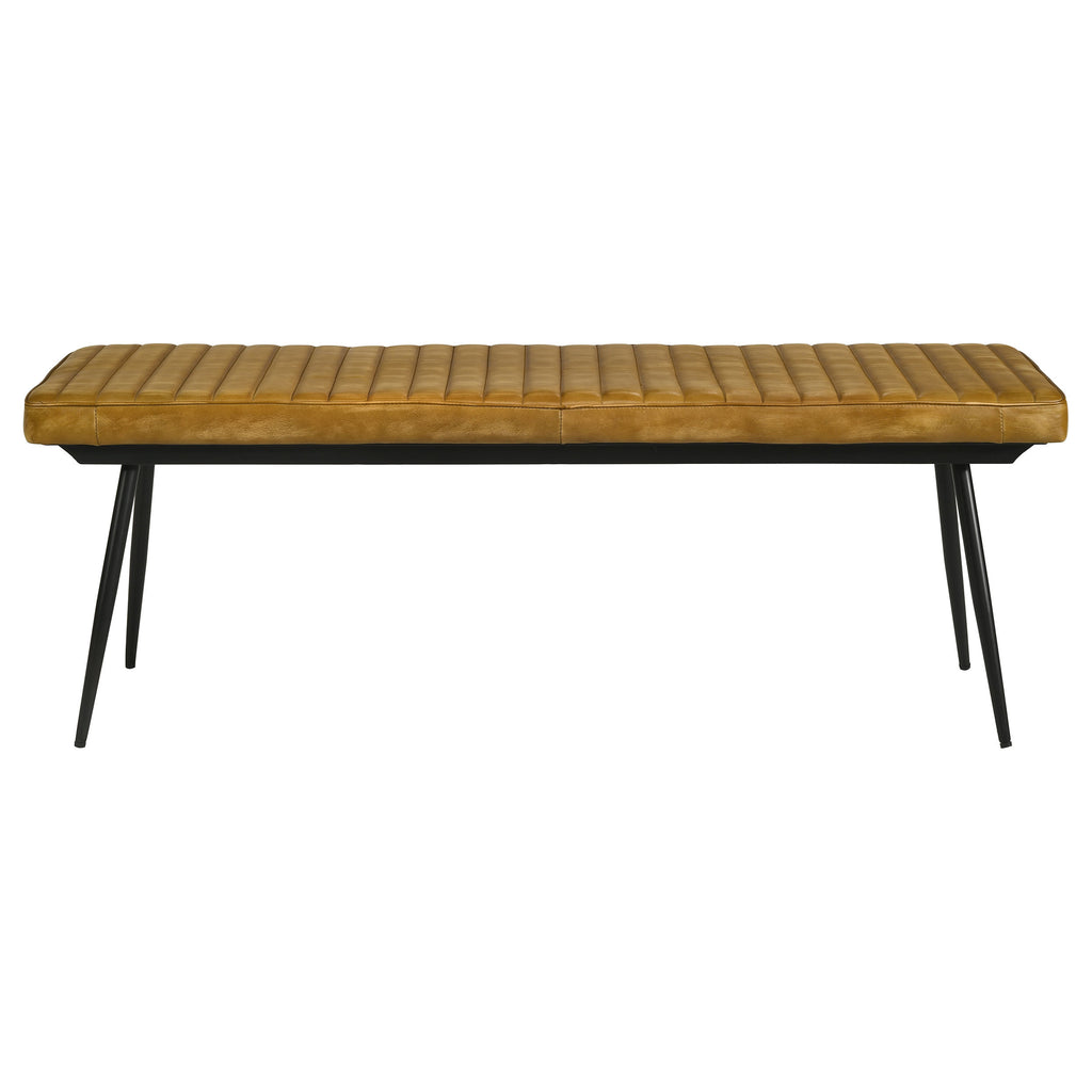 Camel and Black Tufted Cushion Side Bench with Metal Tapered Legs in Brown Upholstered Design - Grand Goldman Shop